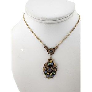 Antique Brass & Enamel Floral Pendant Necklace (A3248)